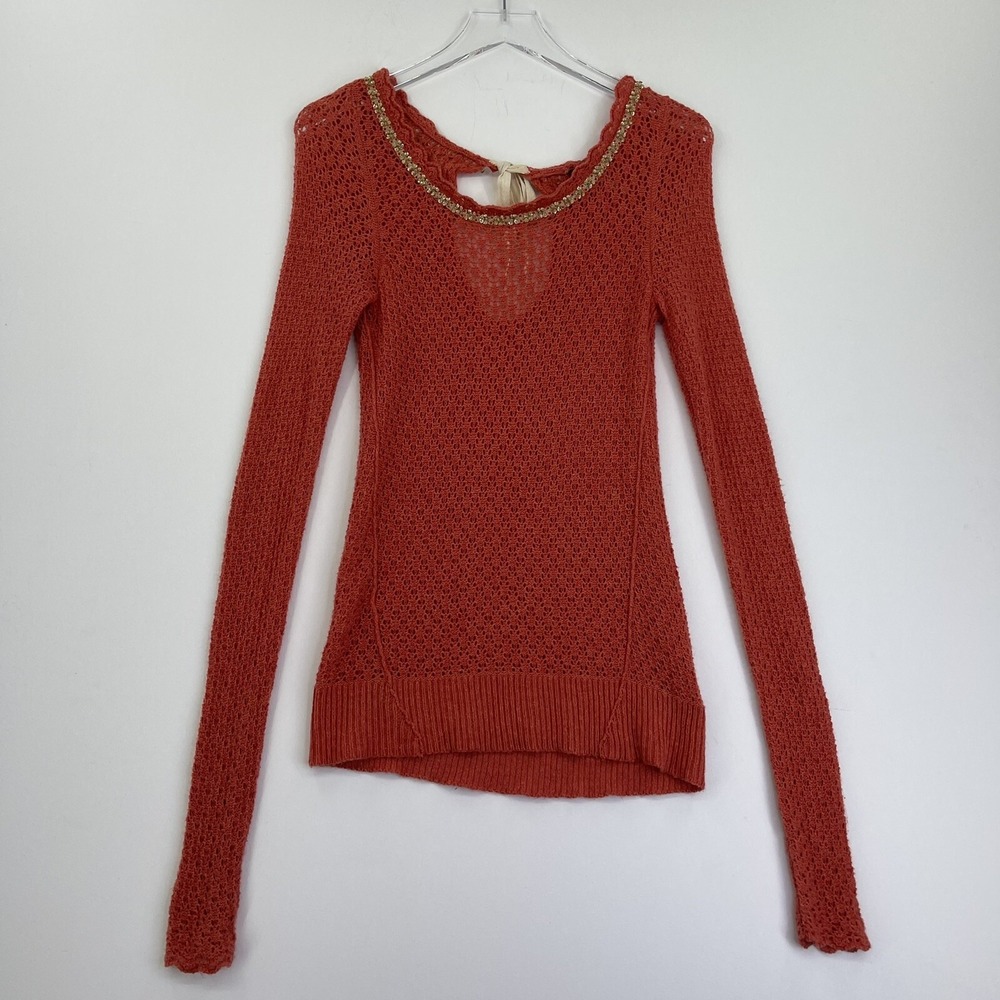 Free People Womens Sweater Top Small Orange Knit Round Neck Long Sleeve